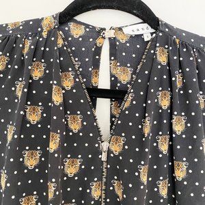 SANDRO PARIS Black Silk Tiger Cheetah and Polka Dot Zipper Blouse Top SZ 3